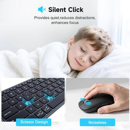 M9250 Wireless Keyboard Mouse Combo,Scissors Mechanism QWERTY Silent Wireless Bluetooth Keyboard and Ergonomic Mouse Set for Windows, iOS, Android, Computer Desktop PC Laptop iPad