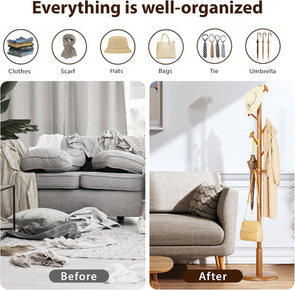 Solid Wood Coat Rack Freestanding Coat Tree with 10 Hooks for Bedroom, Livingroom, Entryway, Sturdy Coat Hanger Stand for Hats, Coats, Scarves, Handbags, Purses