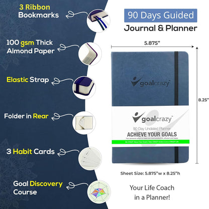 Undated Planner – 90 Day Guided Journal & Productivity Organizer, A5 Daily & Weekly Planner 2025 2026 with Goal Setting, Habit Tracker, To Do List, Academic & Work Calendar, Leather Hardcover - Navy