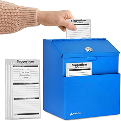 Adir Suggestion Box with Slot and Lock with 25 Comment Cards and Label Stickers, Blue