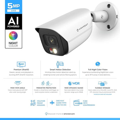 Amcrest 2-Pack 5MP IP PoE AI Camera w/ 49ft Color Night Vision, Security Outdoor Bullet Camera, Built-in Microphone, Human & Vehicle Detection, 129° FOV, 5MP@20fps 2PACK-IP5M-B1276EW-AI (White)
