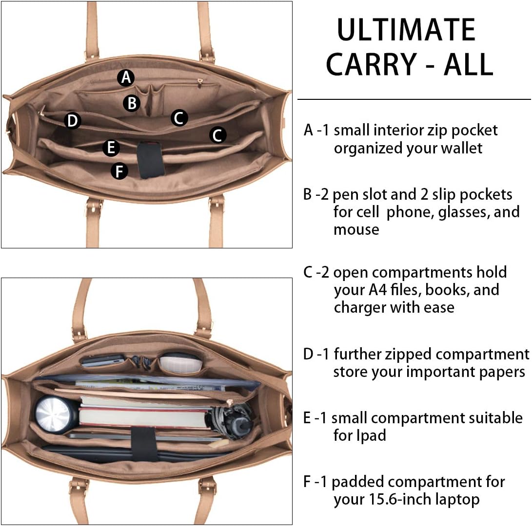 Laptop Bag for Women Waterproof Lightweight Leather 15.6 Inch Computer Tote Bag Business Office Briefcase Large Capacity Handbag Shoulder Bag Professional Office Work Bag Khaki