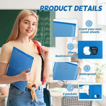Henoyso 36 Pcs Plastic Folders with Clear Front Pockets Heavy Duty File Folders with 2 Pockets and Card Slot for Student Communication School Office Presentation Report (Blue)