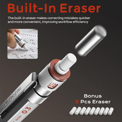 Nicpro 3 Pack Blocky Gear 0.3 mm Metal Mechanical Pencils Set with Case, Lead Drafting Pencil with 8 Tube (480PCS) Lead Refills, 4 Erasers, 18 Eraser Refills for Art Writing, Sketching Drawing