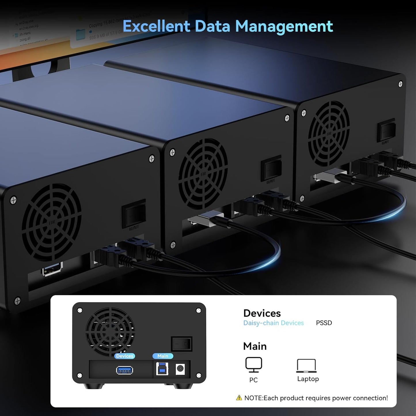 Aluminum Dual Bay Hard Drive Enclosure with Cooling Fan for 2.5“/3.5" SATA HDD/SSD with USB A/C 3.0, Support Hot Swappable, Daisy Chain Expansion, Tool-Free HDD Enclosure, DAS(NO RAID/NAS)