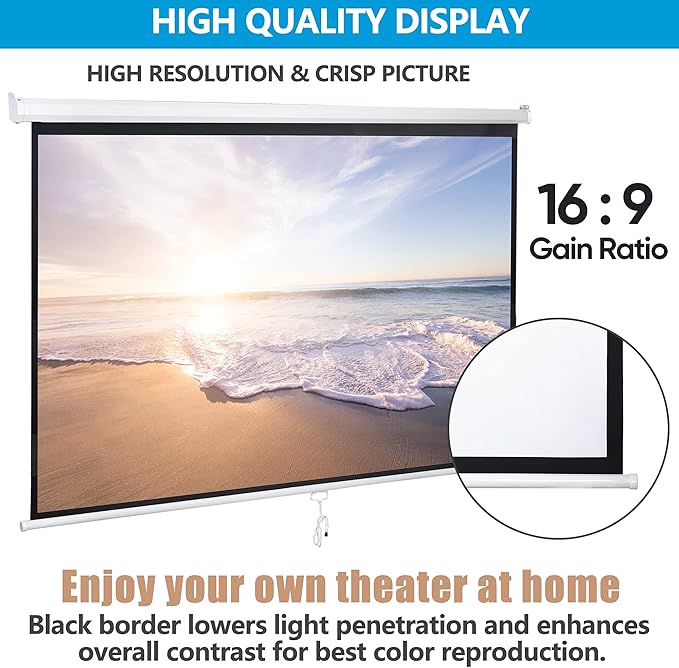 SUPER DEAL 100'' 16:9 HD Projection Screen Foldable Anti-Crease Portable Projector Movie Screen Manual Pull Down for Home Theater Presentation Education Outdoor Indoor Public Display, White