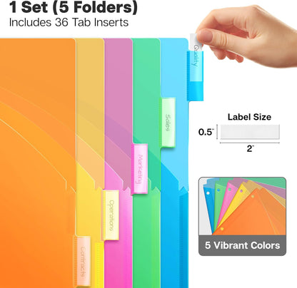 Dunwell Plastic Binder Dividers with Front Pocket (5 Tab), Clear Slash Single Pocket Divider with Tabs, 3 Ring Binder Pockets with Index Tab, Acid-Free, Notebook Dividers Include Label Inserts
