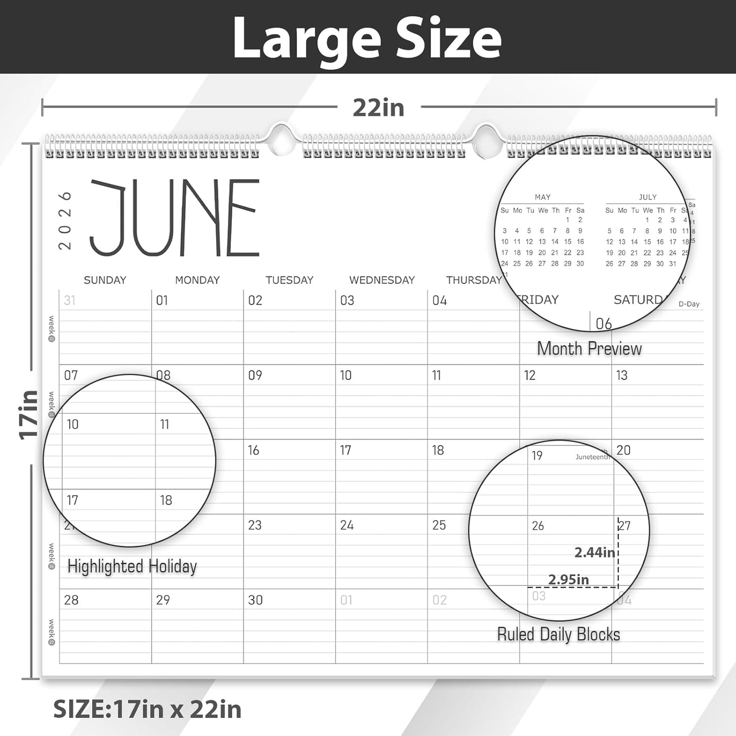 GuassLee Large Wall Calendar 2026-2027, 24-Month 22" x 17" Wall Calendar from Jan. 2026 to Dec. 2027, Large Desktop Hanging Monthly Planner with Thick Paper, Ruled Blocks for Home School Office