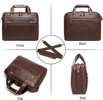 Leather Briefcases for Men 15.6 Inch Laptop Messenger Bag with Triple Compartments Water-Resistant Computer Shoulder Bag for Business, Travel, Work, Office, Brown