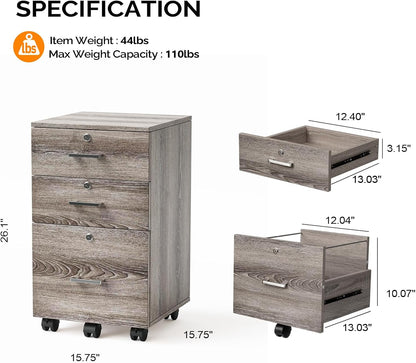 VINGLI 3-Drawer File Cabinet with Lock, Wood Rolling Filing Cabinets for Home Office, Mobile Printer Stand, Under Desk File Organizer for Letter Sized Files, 26" H(Caster Included),Gray Oak