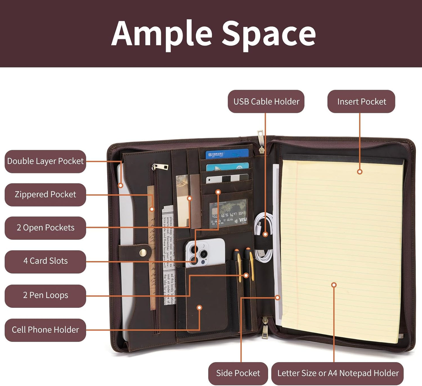 Genuine Leather Portfolio for Women and Men, 8.5 x 11 Legal Pad Padfolio, Zippered Notebook Organizer for 13” Laptop, Business Executive Professional Folio for Work, Dark Khaki