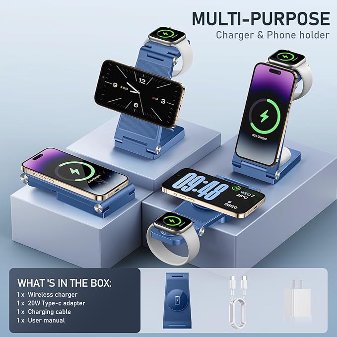 Magnetic Wireless Charger Stand, 3 in 1 Foldable Wireless Charging Station with 20W Adapter, Travel Charger for Multiple Devices for iPhone 17 16 15 14 13 12 Pro/Max/Plus/Mini, iWatch, AirPods
