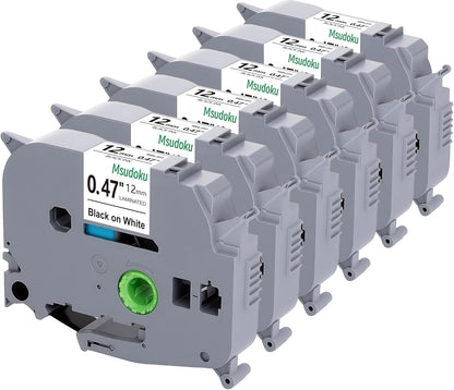 Tze TZ Tape 12mm 0.47 Laminated White Tape Compatible for Brother Label Maker Tape 12mm 1/2" Black on White Tape for Ptouch PT PTD200 PTD410 D210 D220 D610 P710BT PTH110, 6-Pack