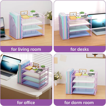 Marbrasse Desk Organizer and Accessories，4-Tier Paper Letter Tray Organizer with File Holder，Desk Accessories & Workspace Desktop Organizers for School Home Office Supplies (Purple)
