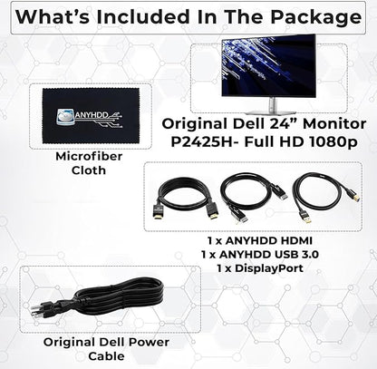 ANYHDD Dell P2425H Computer Monitor Screen 24" 16:9 IPS Display with Stand - 1 Year Warranty, 100Hz Full HD, 1920 x 1080 with Power Cable, DisplayPort, HDMI, USB 3.0 Upstream Cable & Cloth - New