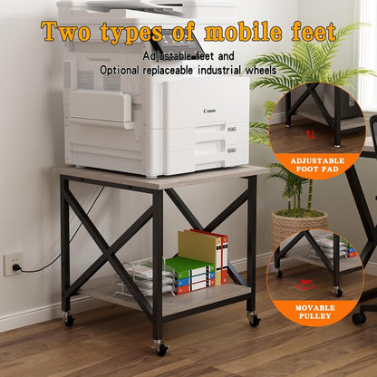 Large Printer Stand with Power Outlet, with Storage Shelf, 2 Tier Rolling Printer Cart with Industrial Wheels, 23.6 x 23.6 Inches Printer Table for Home Office,Greige