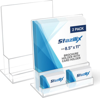 2 Pack Acrylic Flyer Holder 8.5 x 11 Clear Brochure Display Stand with Acrylic and Business Card Holder, Plastic Flyer Display Stand for Magazine, Pamphlet, Booklets, Menu, Journals