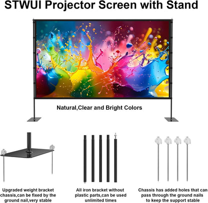 Outdoor-Projector-Screen-with-Stand - 120 inch Portable Projector Screen Indoor Outdoor Projector Screens 16:9 4K HD Lightweight Movie Screen with Carry Bag for Backyard Movie Night