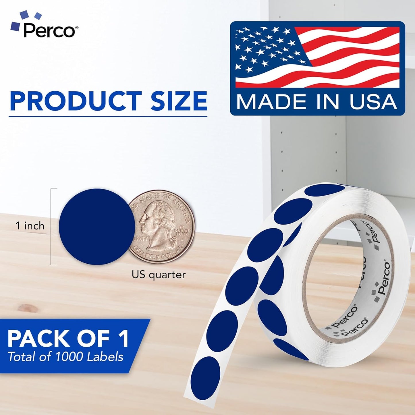 Perco Dark Blue 1-Inch Round Circle Dot Sticker Labels with Easy Peel Perforation - 1,000 Labels per Roll - Strong Adhesion, Vibrant Colors for Organizing, Crafting & More - Made in USA