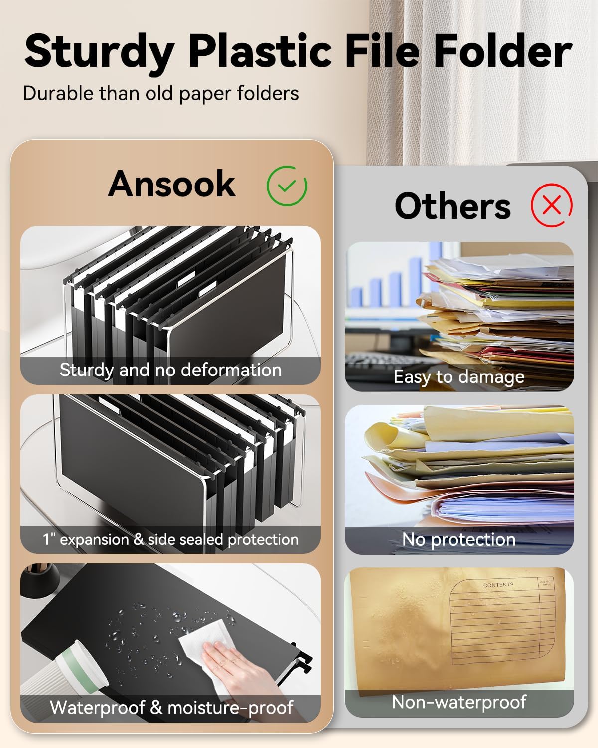 Ansook Plastic Legal Size Hanging File Folders,12 Pack Reinforced Expanding Hanging Folders,Heavy Duty 1” Expansion,Filing Cabinet Folders,Insertable Tabs,Color Coded File Organization,Assorted Color