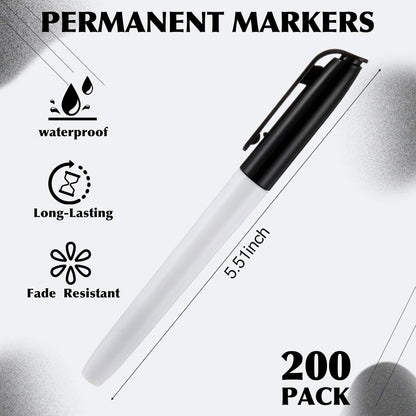 200 Pack 0.4mm Ultra Fine Point Permanent Marker Bulk, Fine Tip Permanent Markers Set, Quick Dry, Waterproof, Durable, Works on Paper, Glass, Ceramic, Plastic, Wood, Rock, Metal (Black)