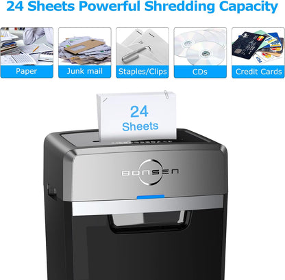 BONSEN Heavy Duty Paper Shredder, 24-Sheet Cross-Cut Shredder, 40-Min Continuous Running Time, Commercial Grade Shredder for Office, 9-Gallon Big Basket, 55dB Super Quiet, P-4 High Security (S3105)