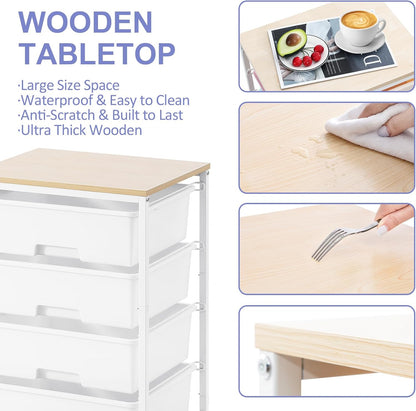 Utility Cart with 4 Drawers, Multipurpose Rolling Storage Cart with 4 Drawers and 2 Lockable Wheels, 4-Tier Rolling Storage Cart Organizer for Home Office Dorm, Bright White