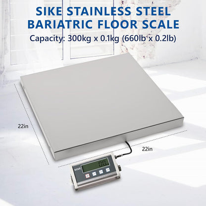 SIKE EPS660 Bariatric Floor Scale with Extra-Large Platform, SIKE Digital Postal Shipping Scale, 660 x 0.2lb(300kg x 0.1kg), 22" x 22" Platform, Stainless Steel, Heavy Duty