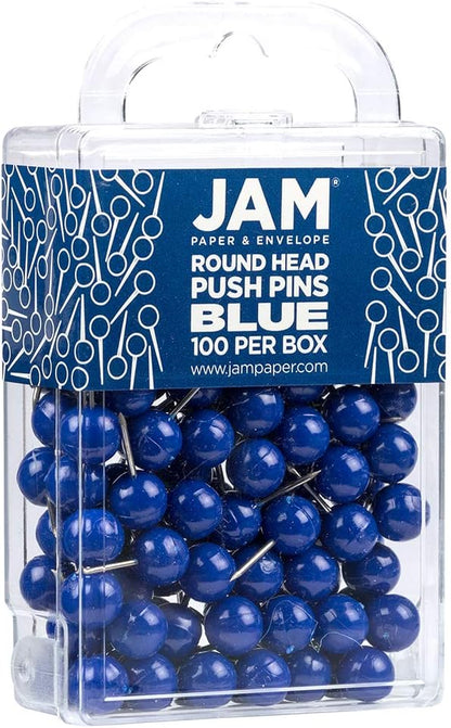 JAM PAPER Colorful Push Pins - Round Head Map Thumb Tacks - Blue Pushpins - 100/Pack
