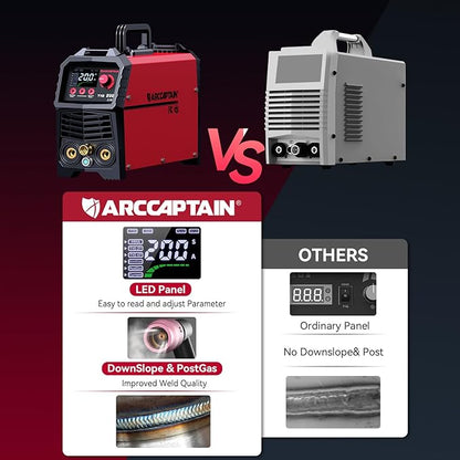 ARCCAPTAIN TIG Welder 200A, High Frequency 110v/220v Dual Voltage TIG/Stick/Arc 2 in 1 Welder LED Digital Display Welding Machine with 2T/4T Function and Tungsten Electrode