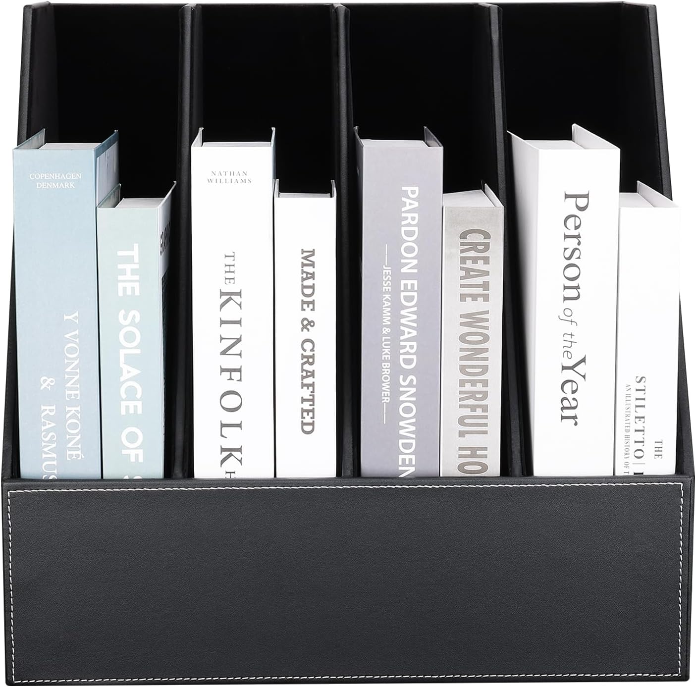 KINGFOM 4-Slot Wood Leather Document Files Holder Rack Stand Desk Files Organizer Papers Collection Cabinet (4 slot Black)