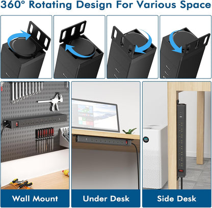 8 Outlet Metal Wall Mount Power Strip,360° Rotatable Mounting,PD 20W USB C Fast Charging,Surge Protector Powerstrip with 6FT Cords,15A 1875W, for Home Office Industrial Garage Commercial