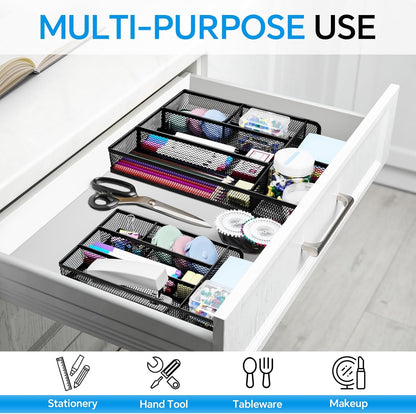 Desk Drawer Organizer, Office Drawer Divider Organizer Tray with 6 Compartments, Metal Mesh Desktop Organization and Accessories for Stationery Makeup Kitchen Toolroom School ＆Office, 12.6x8.27x1.6 in