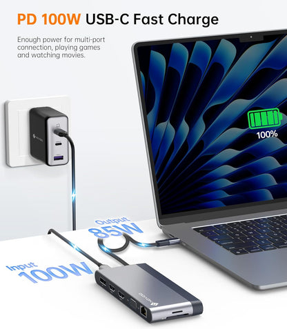 USB C Docking Station Quad Display, 14-in-1 Laptop Docking Station Dual Monitor, 8K@30Hz DP, Dual 4K@60Hz HDMI, VGA, 5 USB Data Ports, 100W PD, Ethernet, SD/TF, Mic/Audio, USB C HUB, Thunderbolt Dock