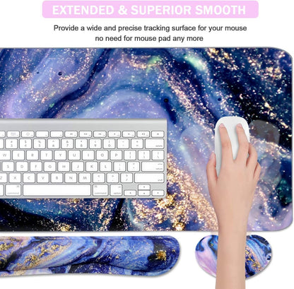 Keyboard Mouse Pad Set, Extended Mouse Pad+Keyboard Wrist Rest Support, Memory Foam Ergonomic Easy Typing, 3Pcs (35.4×15.7 in) Desk Pad Set for Home Office Study Game-Purple Marble