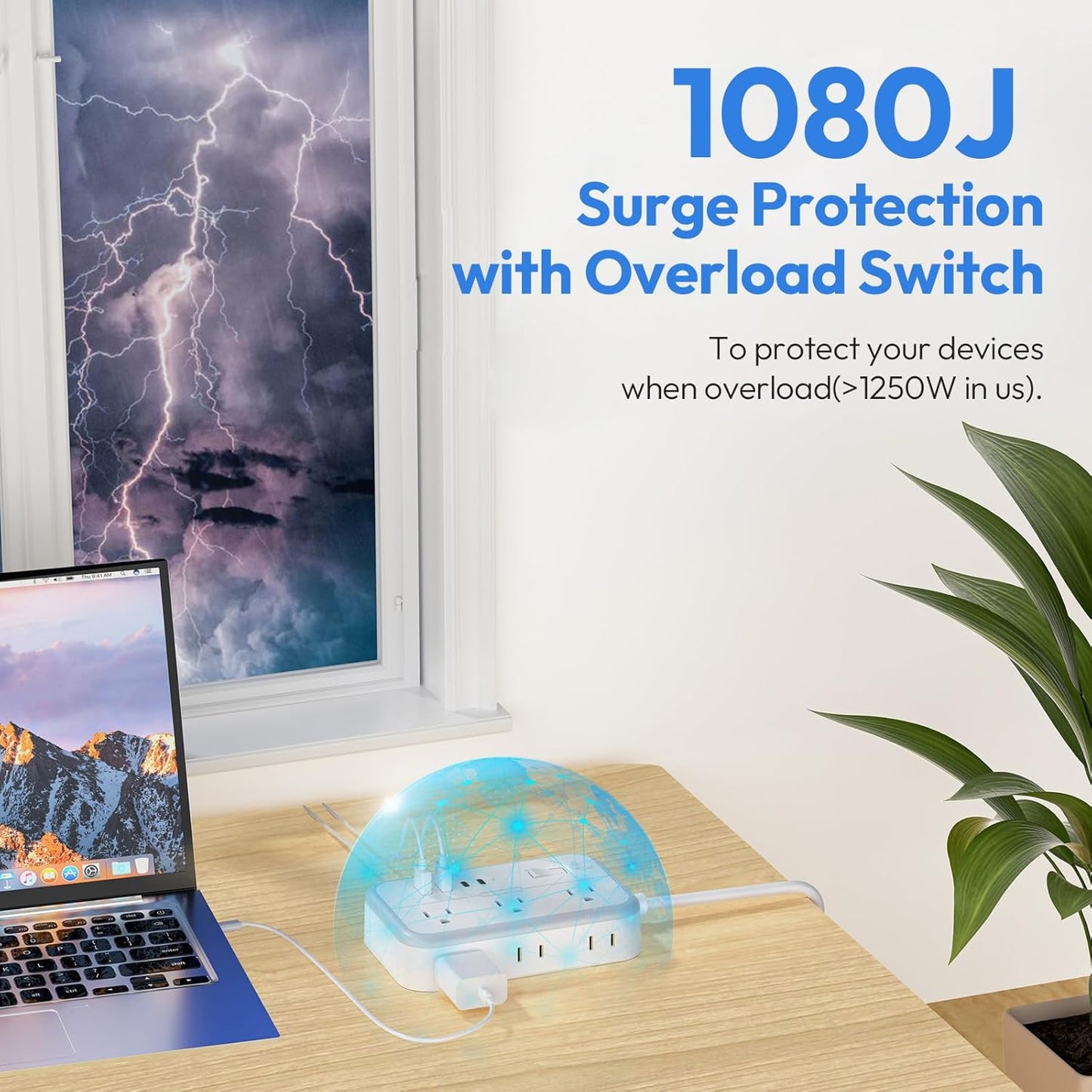 Flat Plug Extension Cord 25 ft, Surge Protector Power Strip, Outlet Extender with 6 Outlets 4 USB Ports, Overload Protection, Long Extension Cord with Multiple Outlets for Indoor, Home, Office, White