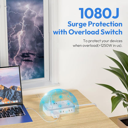 Flat Plug Extension Cord 25 ft, Surge Protector Power Strip, Outlet Extender with 6 Outlets 4 USB Ports, Overload Protection, Long Extension Cord with Multiple Outlets for Indoor, Home, Office, White