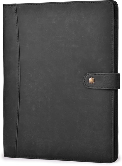 Genuine Leather Portfolio – Sleek Black Professional Organizer & Resume Folder, Antique Leather Business Document Padfolio with Writing Pad, Ideal Gift for Men & Women