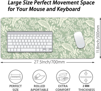 Green Plants Desk Pad Mouse Pad,Large Natural Fresh Mouse Mat with Stitched Edges,Non-Slip Rubber Base Elegant Mousepad for Office PC Keyboard Laptop and Home Work Desk Mat(27.5X11.8 in)