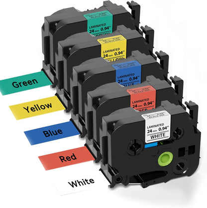 Compatible with P Touch TZe TZ 24mm 0.94'' Laminated Tape Compatible for Brother Label Maker Tape 1 inch PT-D600, PT-D610BT, PTP750W, PT-P710BT, Black on White/Yellow/Red/Green/Blue, 5-Pack