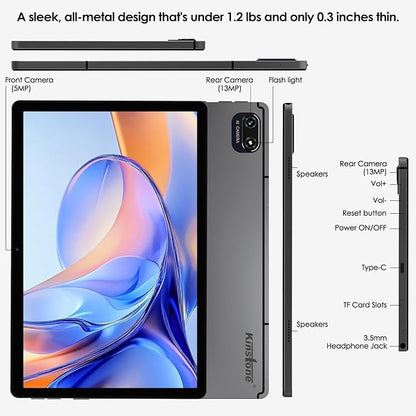 kinstone 10.1" 4G LTE Android Tablet with 8GB RAM & 128GB Storage (1TB Expandable) - Octa-Core Chip, 8000mAh Battery, Dual SIM Slots, Metal Body - Best Amazon Tablet for Work & Play