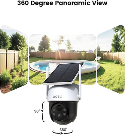 AOSU Solar Camera Security Outdoor - 100% Wire-Free Security Cameras Wireless Outdoor for Home Surveillance with Fixed Solar Panel, 360° Panoramic View, Human Auto Tracking, 2K Color Night Vision