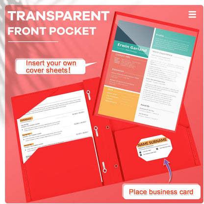 Henoyso 36 Pcs Plastic Folder with Clear Front Pocket and 3 Prong Plastic Folders with Card Slot Pocket and Prongs for School Office