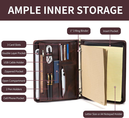 3 Ring Binder Genuine Leather Portfolio, Front Pocket, 8.5 x 11 Legal Pad Padfolio for Men and Women, Zippered Notepad Laptop Organizer, Business Executive Work Folio, Dark Brown, Oil Tanned