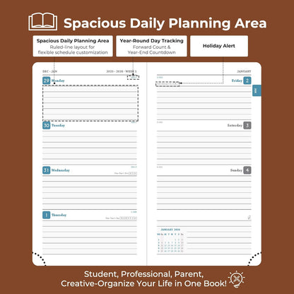 Weekly Monthly 2026 Planner (Jan.26-Dec.26),6.5"x3.75",12 Months Agenda Plan with Month Tabs & Pocket,Expenses/Note Pages, Appointment Book Calendar with Hardcover Vegan Leather Cover,Brown