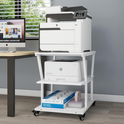 Natwind 3-Tier Large Printer Stand,23.6"x23.6"x29.5" Heavy-Duty Printer Table Cart with Paper Storage Shelf & Wheels,Ideal for Home Office Laser Printers, Copiers (White)