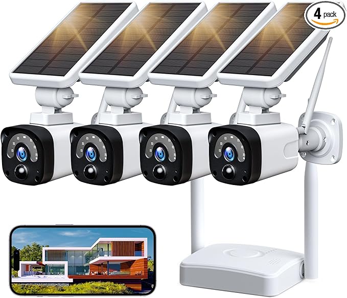 Solar Security Cameras Wireless Outdoor,Home Security Camera System with Motion detection,2.4G WiFi Outdoor Camera Wireless,Solar-Powered 4MP 4 Cam-Kit,2K Night Vision,2-Way Audio,No Subscription,IP66