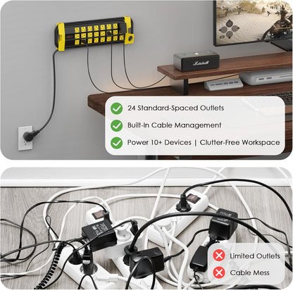 HHSOET Heavy Duty Power Strip with Surge Protection, Industrial Commercial Metal 24 Outlets Wall Mount for Garage Shop, 15 Amp, Switch, 6FT Extension Cord, Black.