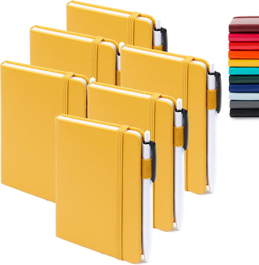 feela 6 Pack Pocket Mini Notebooks Bulk, Small Cute Memo Notepads Hardcover College Ruled Lined Journals with Pen Holder for School Business Work, with 6 Black Pens, 3.5”x 5.5”, A6, Yellow