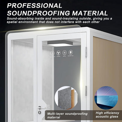 Office Sound Booth with Audio Privacy - Removable Soundproof Booth Includes White with Wood Grain Side Trim,Soundproof Room with Light,Fans, Socket for Singing Room,Telephone Booth (51.18IN)
